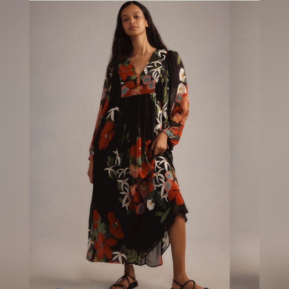 Farm Rio x Anthropologie Long-Sleeve V-Neck Floral Maxi Dress Size small